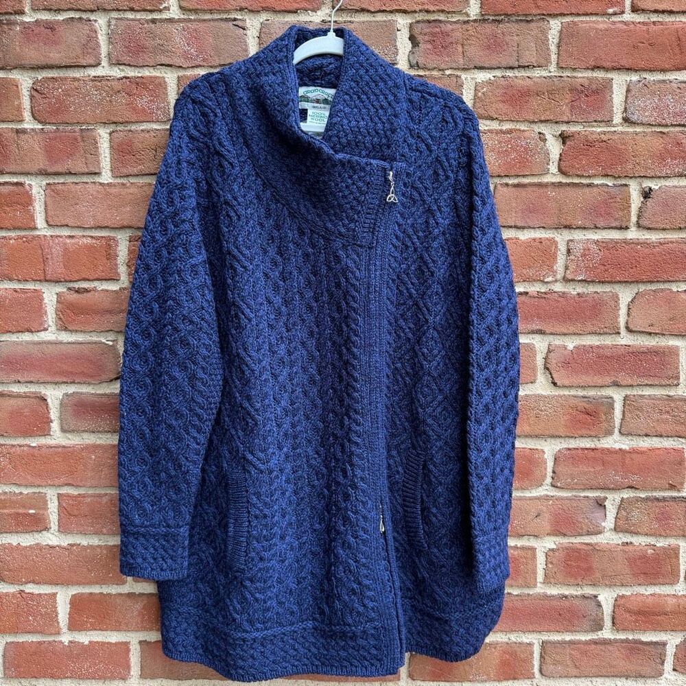 Aran Crafts $260 Irish Cable Knit Merino Wool Side Zip Cardigan blue Women’s XXL